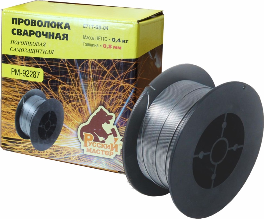 Проволока сварочная ПОРОШКОВАЯ самозащитная (0,4кг) 0,8мм E71T-GS-04 в коробке Русский Мастер фото 1